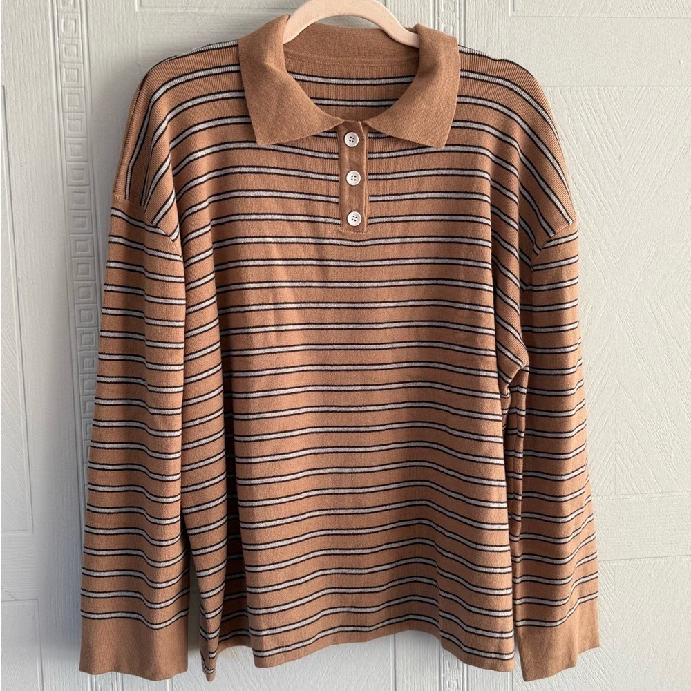 Tan Brown Blue Striped Oversized Polo Sweater Womens XL Preppy College Academia